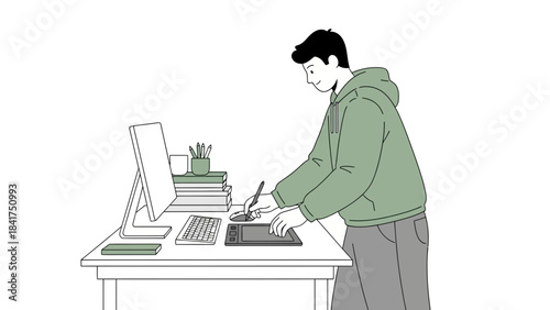 Illustrative representation of a person working on a graphic tablet at a desk