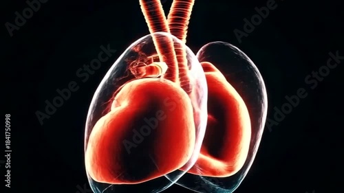 Illuminated human lungs with trachea and bronchi, transparent ribcage, glowing red, against black background, medical