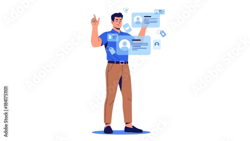 Man interacting with digital interface showing user profiles and tag icons on white background