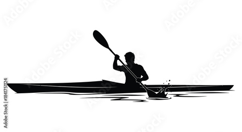 A solitary kayaker paddles across calm waters a striking black shape against the light silhouette