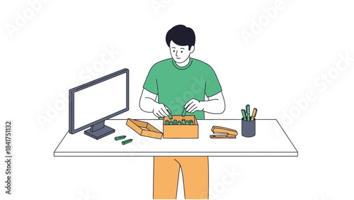 Man organizing his desk with various office supplies and computer monitor