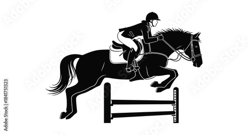 A dynamic illustration of a horse and rider jumping over a fence presented as a silhouette