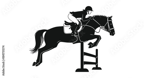 A dynamic equestrian scene depicting a horse and rider mid jump presented as a striking silhouette