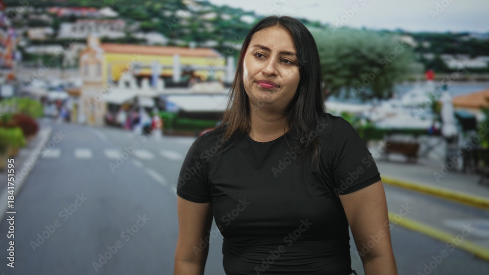 Fototapeta premium Woman shrugging with hands raised on a street, eyes closed and mouth slightly open; resignation waiting.