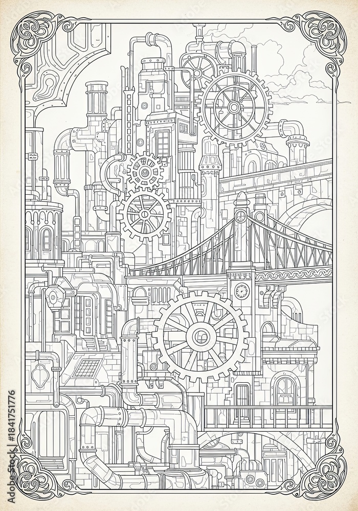 Obraz premium Majestic Building Anti-Stress Coloring Template Architecture Highly detailed [Subject] drawing with floral and geometric patterns. Monochrome outline art perfect for mindfulness coloring. 