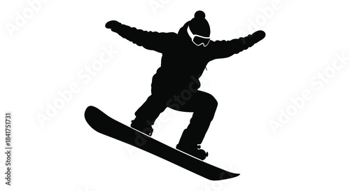 A dynamic snowboarder in mid air arms outstretched captured in a striking black silhouette