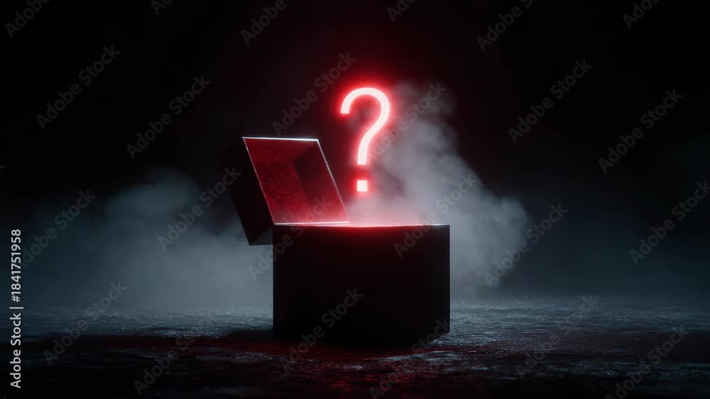 custom made wallpaper toronto digitalMysterious glowing red question mark floating above an open black box, cinematic style, on a dark foggy background, concept of curiosity and enigma