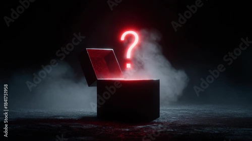 Mysterious glowing red question mark floating above an open black box, cinematic style, on a dark foggy background, concept of curiosity and enigma