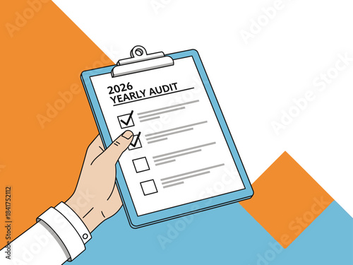 hand holds a clipboard with '2026 Yearly Audit' written on it suggesting preparation and review The clean modern design and bright colors