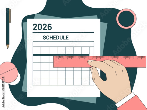 A hand measures a schedule calendar for 2026. A pen, ruler, and document create a modern, organized workspace. Bright, graphic style.