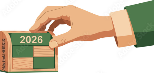 A hand reaches to flip a calendar displaying 2026. The image features a stylized, modern design with a focus on the year. Clean, professional, and visually appealing.
