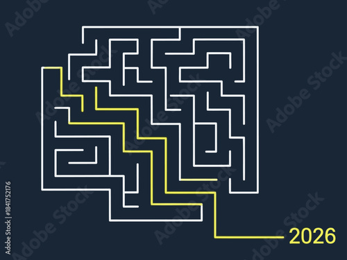 Intricate maze design with a highlighted path to 2026. Modern, minimalist graphic, bold lines, and a striking color contrast. Suitable for tech, future, and problem-solving themes.