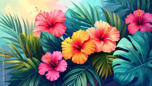 Tropical floral pattern with hibiscus and palm leaves on gradient background showcasing bold color and botanical elegance