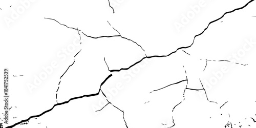 High-contrast cracked texture on a white background, featuring distressed lines and natural fracture patterns. Perfect for backgrounds, overlays, grunge design, and abstract artistic projects.
