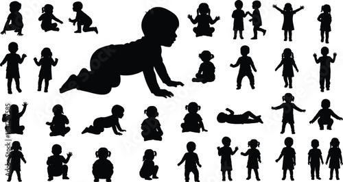 Black Silhouette Set of Babies and Toddlers in Different Poses: Sitting, Crawling, Standing, Playing, and Stretching, Representing Infant, Child, and Kid Development Stages.
