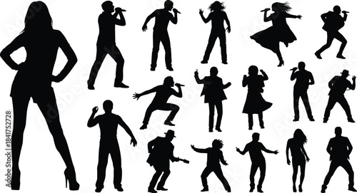 Black silhouettes of singers, musicians, performers, and dancers in various active poses on stage, vector illustration set.