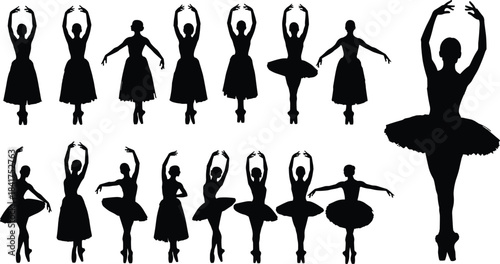 Set of Black Silhouette Ballet Dancers in Various Poses on a White Background Vector Illustration for Dance Studio or Theater Design