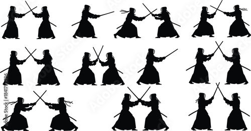 Kendo Martial Arts Silhouettes: Japanese Swordsmanship Practice with Bamboo Shinai Swords and Protective Bogu Armor, Dynamic Black Vector Illustration Set.