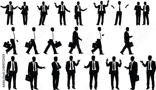 Professional business people silhouettes vector set, diverse men and women in suits walking, standing, and gesturing, isolated on white background.