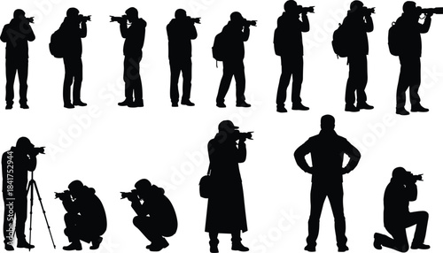 Professional photographer silhouettes taking photos, diverse poses set with camera, tripod, and backpacks, isolated vector graphic on white background.