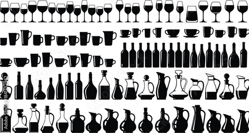 Set of Black Vector Silhouettes Featuring Different Types of Wine Glasses, Coffee Mugs, Pitchers, Bottles, and Decanters for Bar Menu Design.