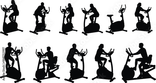 Set of Silhouettes of Men and Women Exercising on Stationary Upright and Recumbent Cycling Bikes for Home Gym and Fitness Studio Vector Illustration.