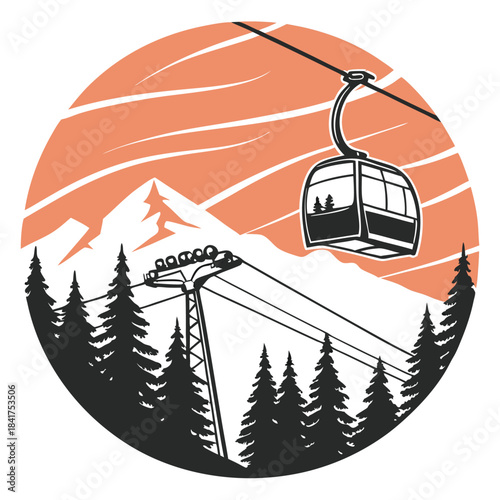 Cable car in the mountains with pine trees