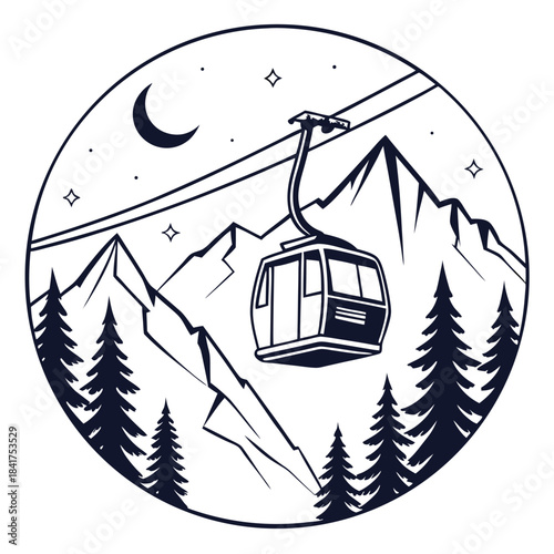 Cable car in mountains at night with moon