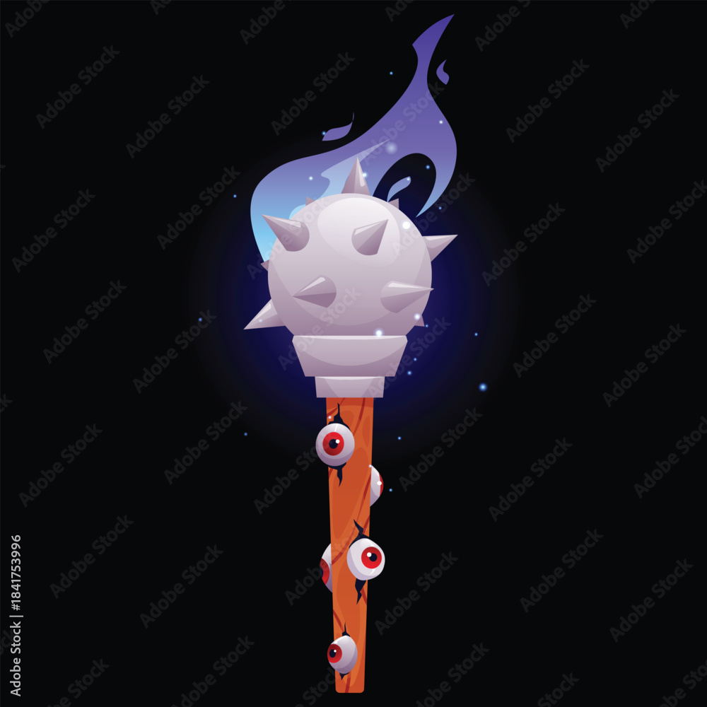 Obraz premium Cartoon fantasy mace medieval game weapon in blue fire flame, vector warrior spiked club with iron thorns and witch eyes