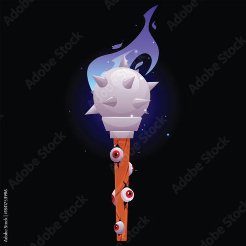 Cartoon fantasy mace medieval game weapon in blue fire flame, vector warrior spiked club with iron thorns and witch eyes