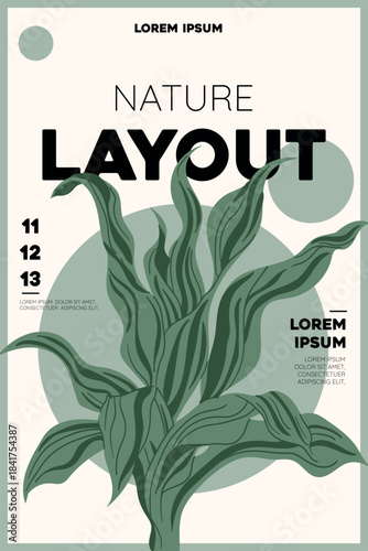 Minimalist botanical layout poster with modern green plant illustration