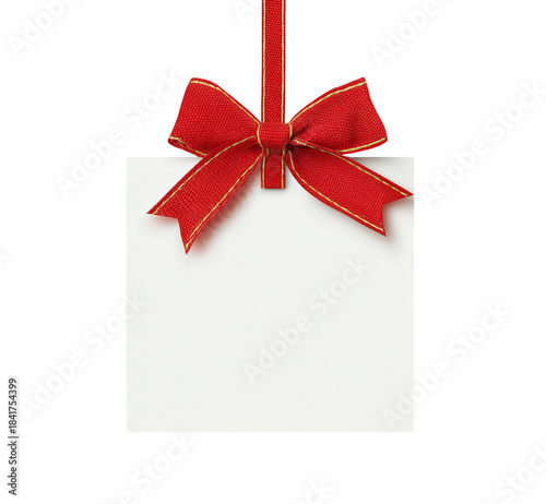 White gift tag with red ribbon isolated on a transparent background