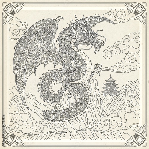 Majestic Dragon Adult Coloring Page Line Art Detailed fantasy dragon illustration for adults. Intricate black and white zentangle line art of a mythical creature for stress relief.