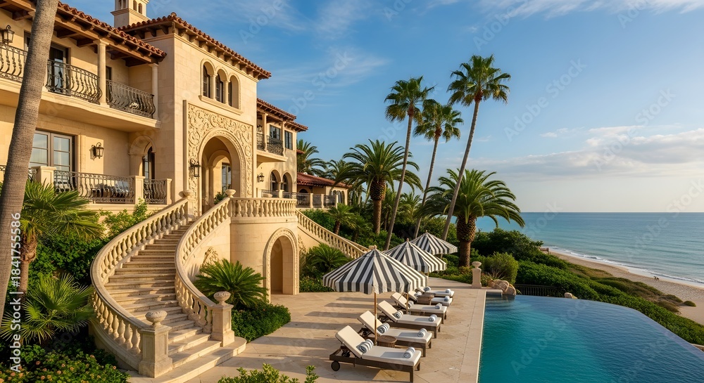 Fototapeta premium Luxury mediterranean villa with ocean view and infinity pool offers upscale travel destination