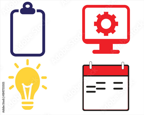 Business Planning Icons Set with Computer Gear, Calendar, Lightbulb & Clipboard