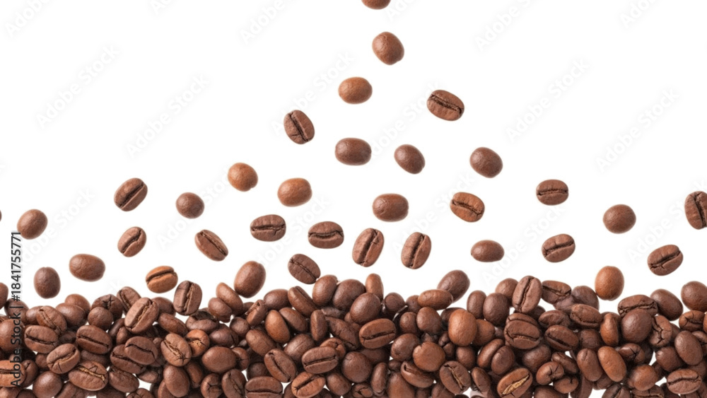 Obraz premium Falling roasted coffee beans creating a dynamic and appetizing display against a clean white background