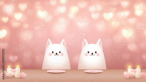 Cute flat cartoon characters enjoying a romantic valentine's dinner heart-themed setting colorful and lovable atmosphere