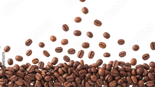 Falling roasted coffee beans creating a dynamic and appetizing display against a clean white background