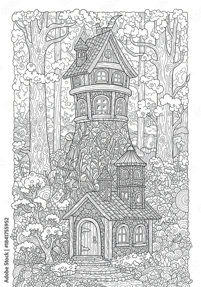 Obraz premium Magical Fantasy Treehouse Adult Coloring Page Woodland Detailed fairy tale treehouse illustration for adults. Intricate black and white zentangle line art of a magical forest dwelling for stress