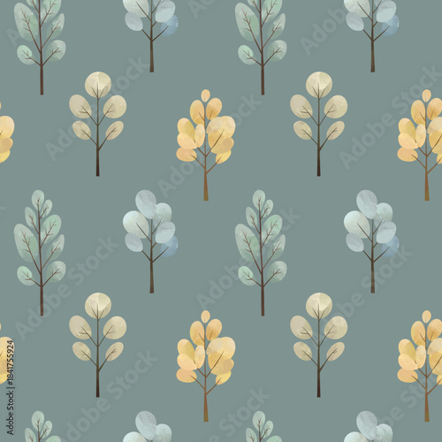 Seamless pattern with colorful trees. Watercolor forest background for nature projects. Autumn and winter woodland
