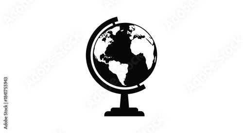 A striking black and white image depicts a classic globe rendered as a bold silhouette
