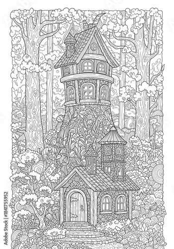 Magical Fantasy Treehouse Adult Coloring Page
Woodland Detailed fairy tale treehouse illustration for adults. Intricate black and white zentangle line art of a magical forest dwelling for stress