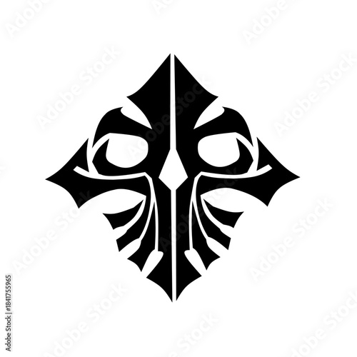 A striking, symmetric black tribal design forming a stylized mask or menacing eyes set in a diamond shape, suggesting vigilance, anonymity, and shadow.