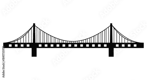 A striking black and white graphic representation of a suspension bridge a bold silhouette