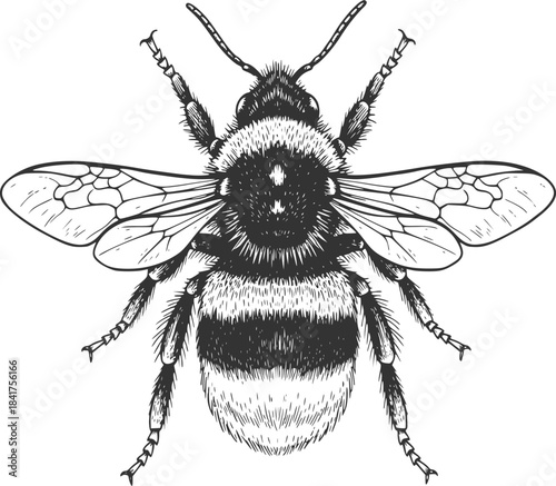 Detailed engraved illustration of a fuzzy bumblebee insect viewed from above isolated on transparent background