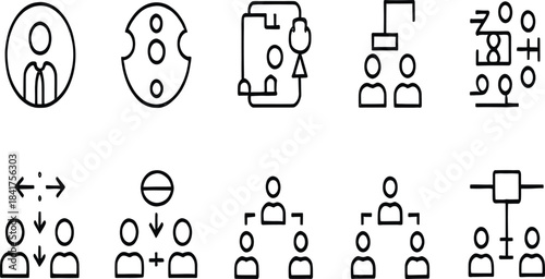 Teamwork and Organizational Structure Line Icons Set – Hierarchy, Leadership, Management, Collaboration, Workflow and Team Structure Symbols