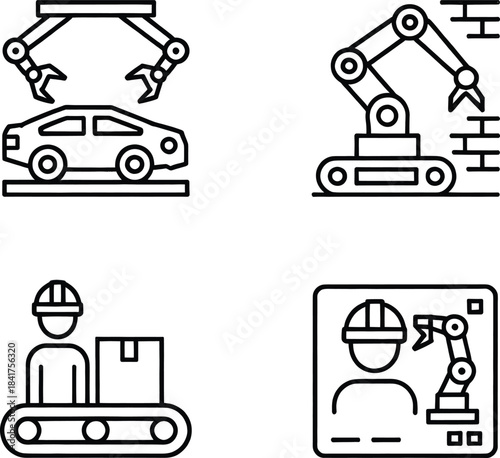 Industrial Automation Line Icons Set – Robotics Arm, Assembly Line, Manufacturing Worker, Factory Production & Automation Technology Symbols