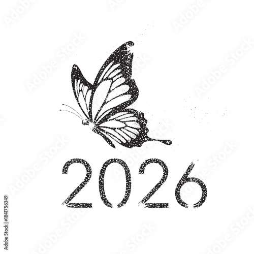Delicate butterfly illustration beside the year 2026 in inked sketch style.