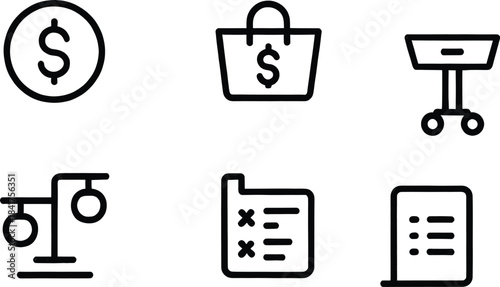 E-Commerce and Shopping Line Icons Set – Money, Shopping Bag, Cart, Checkout, Price Tag, Invoice, and Retail Symbols
