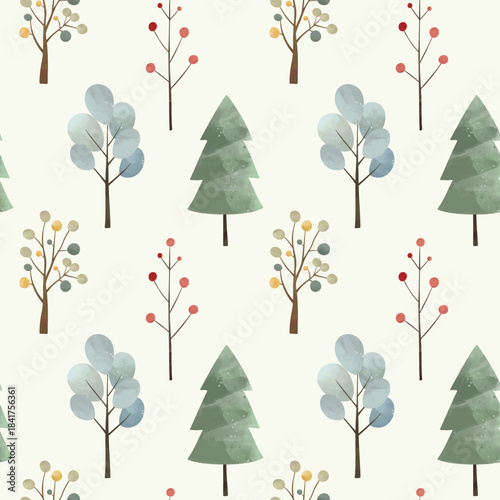 Seamless pattern with nordic trees. Fairy woodland. Watercolor forest background for soft nature design.